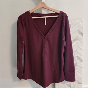 Soma Waffle Knit Henley Large Merlot Burgundy Lounge Sleep Tunic‎ V-Neck Thermal